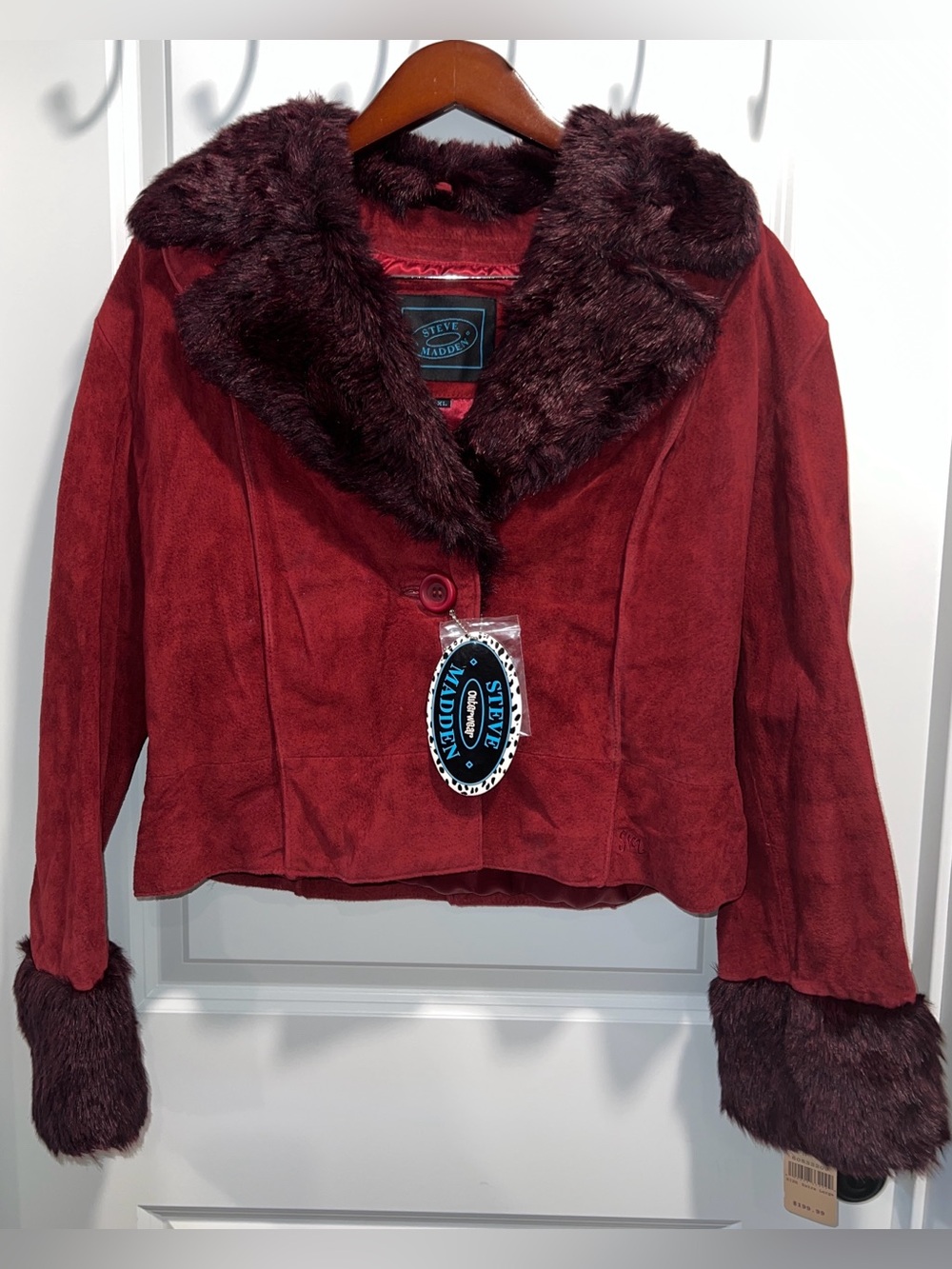 Vintage Y2K Steve Madden Burgundy Faux-Fur Trim Suede Leather Jacket Size XL NWT